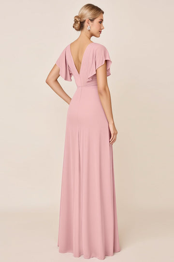 Candy Pink Sheath V Neck Ruffle Sleeves Ruched Long Bridesmaid Dress with Slit